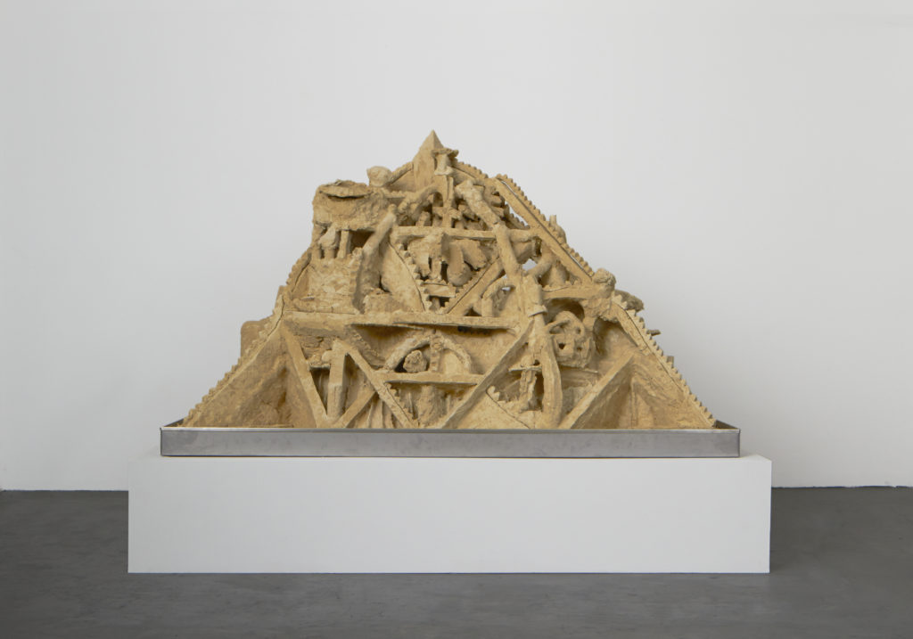 Lot #8 (A Burnt Out Case) 2016 sculpture by Aaron King sand, starch, foam, wood, metal 40'' x 62'' x 30'' Lot #8 (A Burnt Out Case) 2016 sculpture by Aaron King sand, starch, foam, wood, metal 40'' x 62'' x 30''